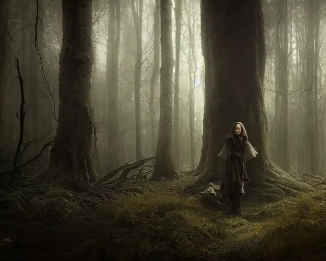 Image similar to 5 5 mm portrait photo of emilia clarke with a long face scar across her left cheek, in a magical forest. dark atmosphere. art by greg rutkowski. highly detailed 8 k. intricate. lifelike. soft light. nikon d 8 5 0.