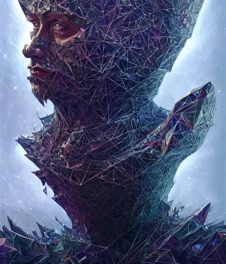 Image similar to front!!! shot of a court jester!!! character, mesmerizing fractal hypercubes, dark holography!!!, future, metallic galactic, crystalline edges, polygonal, elegant, highly detailed, centered, (((artstation, concept art, jagged, sharp focus, artgerm, Tomasz Alen Kopera, Peter Mohrbacher, donato giancola, Joseph Christian Leyendecker, WLOP, Boris Vallejo))), ((raytracing)), mugshot!!!!!, ugly!!!!!!, octane render, nvidia raytracing demo, octane render, nvidia raytracing demo, octane render, nvidia raytracing demo, 8K