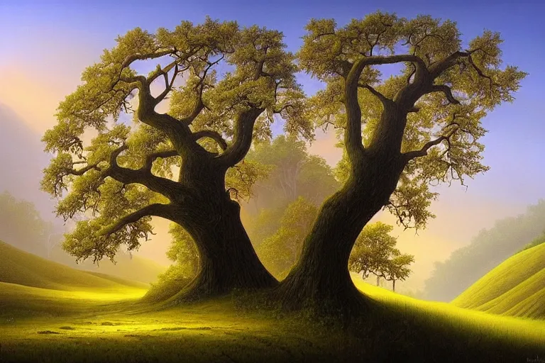 Image similar to masterpiece painting of oak trees on a hillside overlooking a creek, dramatic lighting, by vladimir kush