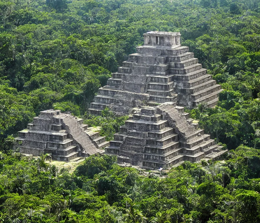 Prompt: a spectacular imax view of the beautiful ruins of a mayan temple in the jungle forest of yucatan, art by federico pelat and greg rutkowski and james gurney, hyperrealism