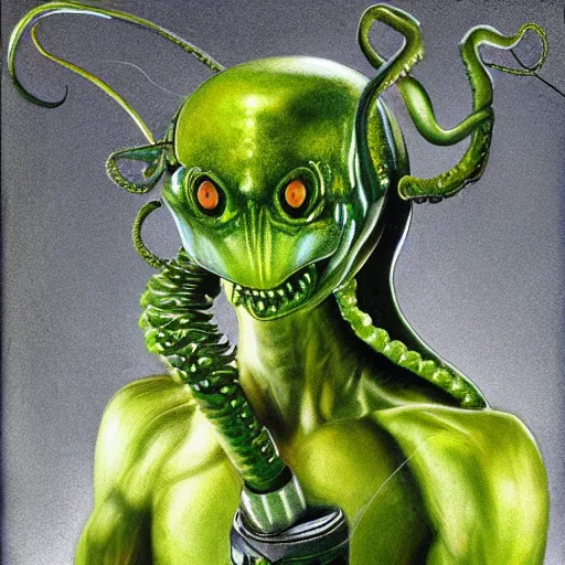 Image similar to hyper - realistic and detailed portrait of green alien soldier with tentacles and weapons