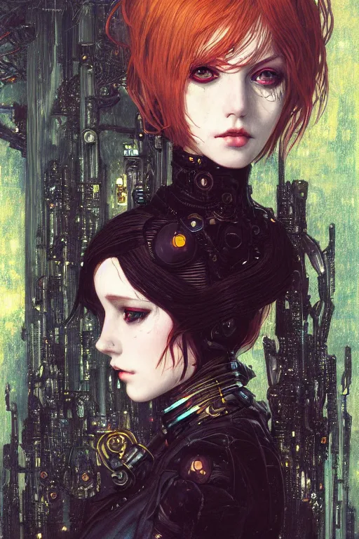 Image similar to portrait of beautiful young gothic maiden, cyberpunk, Warhammer, highly detailed, artstation, illustration, art by Gustav Klimt and Ilya Kuvshinov