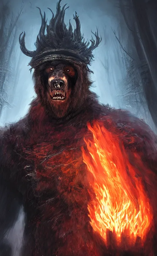 Image similar to Portrait of a bear beast-man wearing a turban with fire in his eyes wear, bloodborne concept art, trending on Artstation, photorealistic image, 8k.