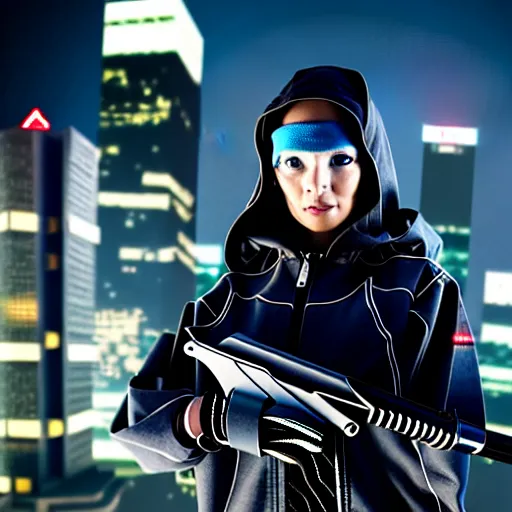 Image similar to photographic portrait of a techwear woman holding a shotgun, holding shotgun down, closeup, on the rooftop of a futuristic city at night, sigma 85mm f/1.4, 4k, depth of field, high resolution, full color, award winning photography, Kill Bill, John Wick, Die Hard, movies with guns, movie firearms