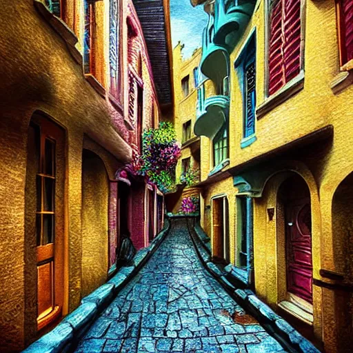 Image similar to narrow street between houses, colorful, fantasy art, concept art, high detail