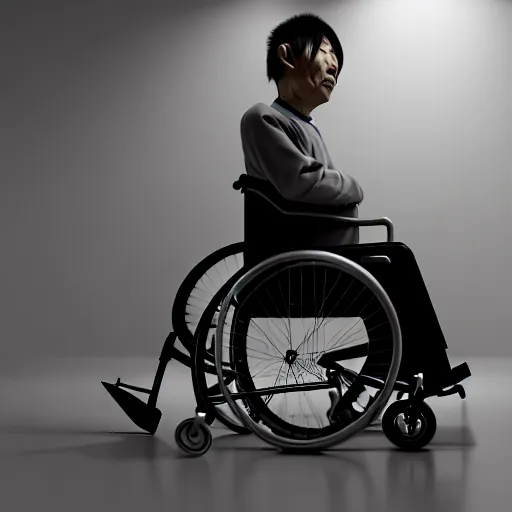 Prompt: disabled japanese man in a wheelchair, realistic, 8 k, extremely detailed, cgi, trending on artstation, hyper - realistic render, 4 k hd wallpaper, premium prints available, octane render, award winning, by greg rutkowski