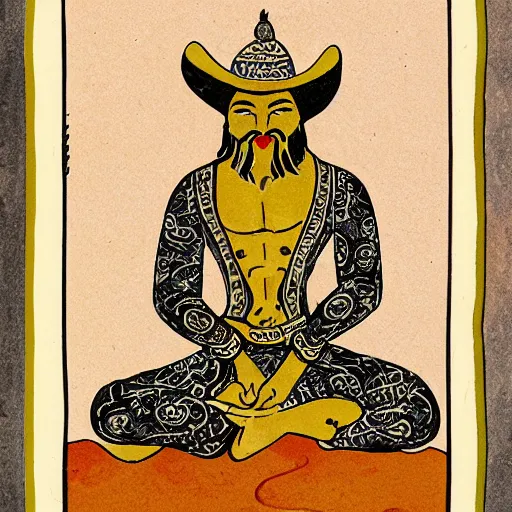 Prompt: scruffy cowboy sitting in lotus position, persian folkore artstyle, calligraphy border