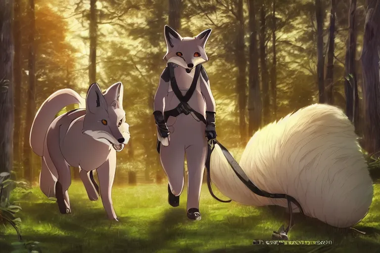 Prompt: an oversized fox, saddled and harnessed, walking through a forest, glowing with silver light, today's featured anime still, 1 6 k, character design, furry art, furaffinity