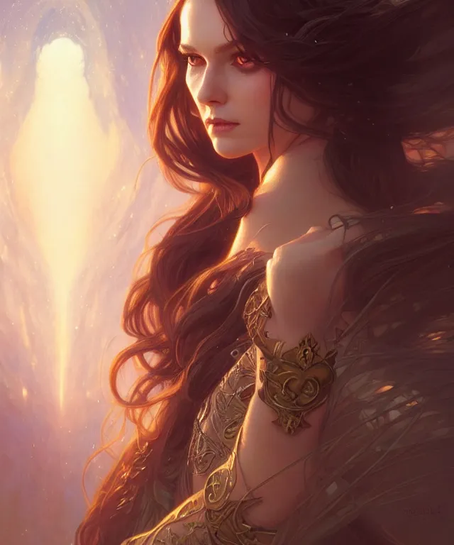 Image similar to fantasy magic woman portrait, sci-fi, amber eyes, face, long hair, fantasy, intricate, elegant, highly detailed, digital painting, artstation, concept art, smooth, sharp focus, illustration, art by artgerm and greg rutkowski and alphonse mucha