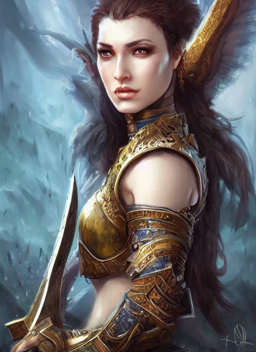 Image similar to a beautiful female warrior, 8 k, hyperrealistic, dragon slayer, hyperdetailed, fantasy portrait by laura sava