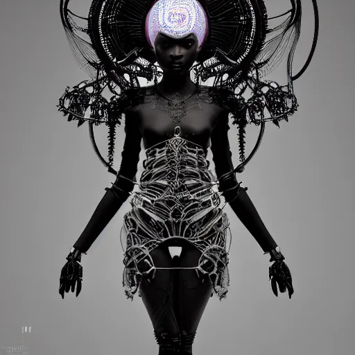 Image similar to portrait of an absurdly beautiful, graceful, sophisticated, fashionable black cyberpunk mechanoid gravure idol, hyperdetailed illustration by irakli nadar, alek wek, matt wisniewski style, intricate linework, dark skin, neon jellyfish headdress, intricate ivory carved ruff, unreal engine 5 highly rendered, global illumination, radiant light, detailed and intricate environment