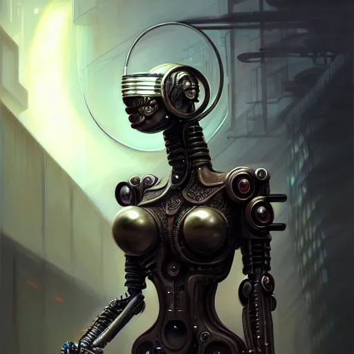 Image similar to front shot of a cyberpunk gazmask robot character, intricate, elegant, highly detailed, centered, digital painting, artstation, concept art, smooth, sharp focus, illustration, artgerm, Tomasz Alen Kopera, Peter Mohrbacher, donato giancola, Joseph Christian Leyendecker, WLOP, Boris Vallejo