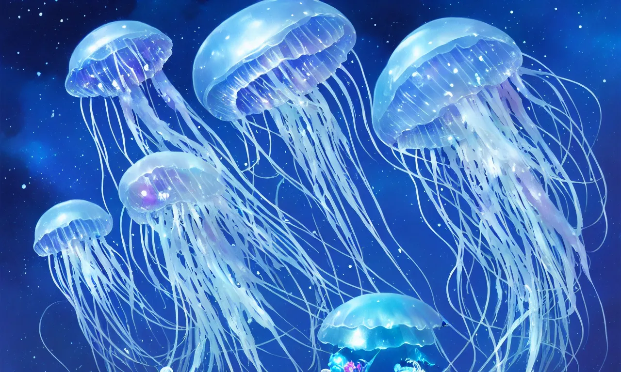 Image similar to detailed jellyfish in space, blue tones, underwater, full frame, highly detailed, digital painting, artstation, concept art, smooth, sharp focus, illustration, art greg rutkowski and alphonse mucha