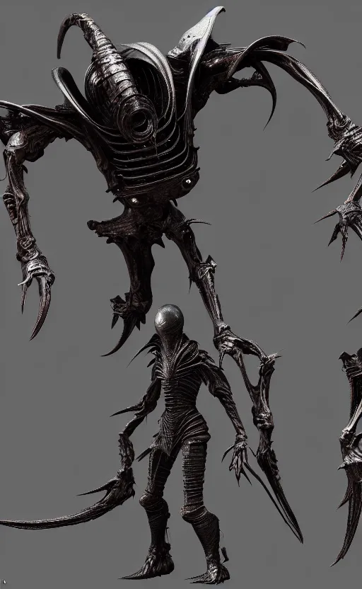 Image similar to futuristic alien with lasers eldenring boss. fromsoftware, dark souls, eldenring, screenshot, extremely detailed, insanely detailed, realistic, zbrush, horror, bloodbourne, full body concept