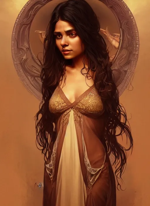 Image similar to cute brown woman wearing a transparent night gown, fantasy, intricate, highly detailed, digital painting, artstation, concept art, wallpaper, smooth, sharp focus, illustration, art by artgerm and greg rutkowski and alphonse mucha