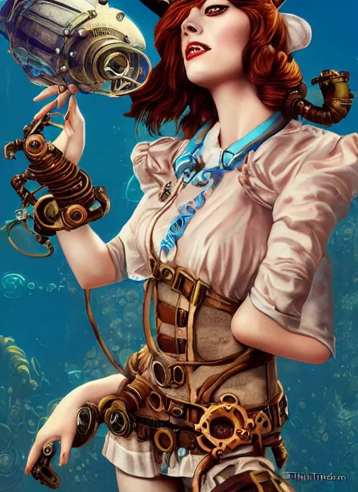 Image similar to underwater steampunk bioshock pirate portrait of emma stone, pixar style, by tristan eaton stanley artgerm and tom bagshaw.