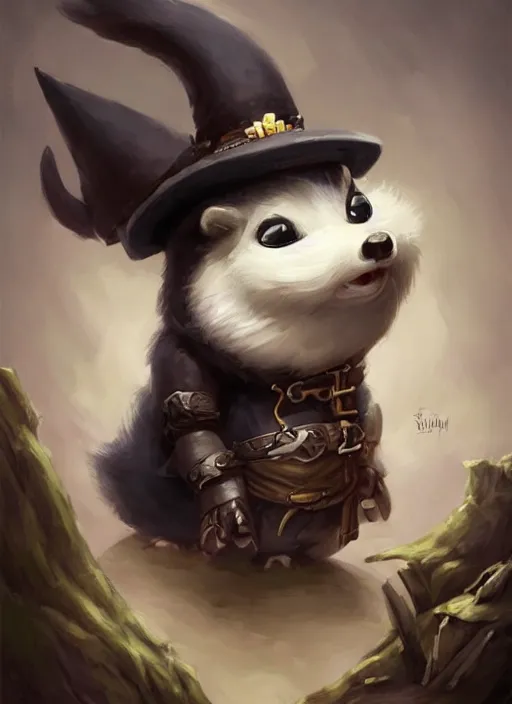 Prompt: cute little anthropomorphic skunk wizard wearing bindrain (eyepatch), tiny, small, miniature animal, baby animal, short, pale black armor, cute and adorable, pretty, beautiful, DnD character art portrait, matte fantasy painting, DeviantArt Artstation, by Jason Felix by Steve Argyle by Tyler Jacobson by Peter Mohrbacher, cinematic lighting