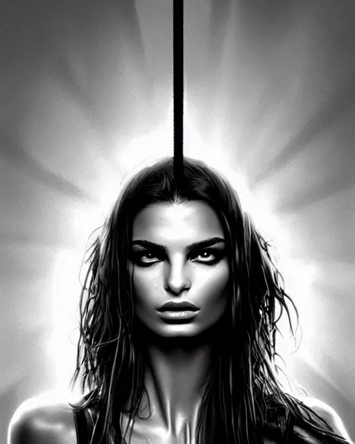 Prompt: Sin city Emily Ratajkowski digital illustration portrait design by, Mark Brooks and Brad Kunkle detailed, gorgeous lighting, wide angle action dynamic portrait