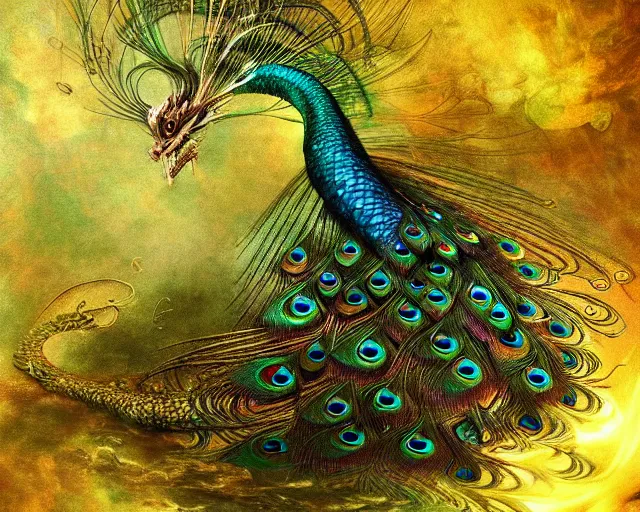 Prompt: dragon peacock. intricate, centered, amazing composition by amano yoshitaka, by rembrandt, illustrious makinami, digital art, digital painting, artstation trending, unreal engine, beautiful light and shadows, fractal flame, transparent jellyfish, transparent feathers, bio luminescent, ice, water