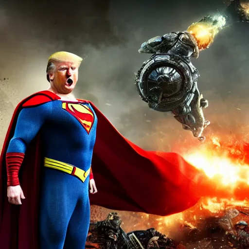 Image similar to Donald Trump as superman in Gears of War, splash art, movie still, cinematic lighting, dramatic, octane render, long lens, shallow depth of field, bokeh, anamorphic lens flare, 8k, hyper detailed, 35mm film grain