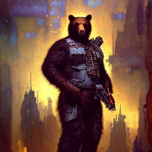 Image similar to portrait of a bear bearman as a police detective. shadowrun furaffiniy cyberpunk fantasy highly detailed painting by gaston bussiere craig mullins jc leyendecker gustav klimt artgerm greg rutkowski john berkey, bergey, craig mullins, ruan jia, raymond swanland, jeremy mann, tom lovell, alex malveda