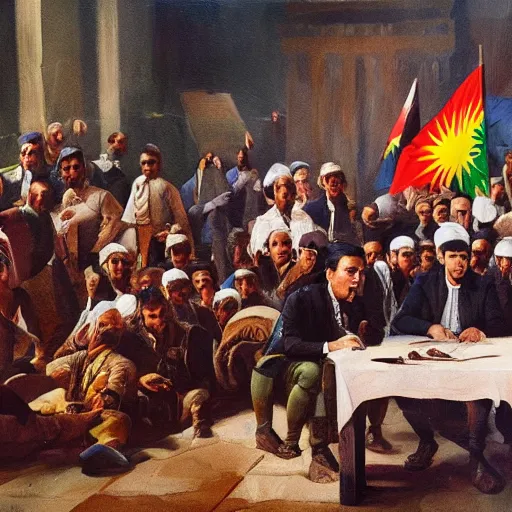 Prompt: a painting of a group of kurdish people standing around a signed declaration of independence for kurdistan, an oil painting by ilya ostroukhov, featured on deviantart, socialist realism, ilya kuvshinov, movie still, oil on canvas