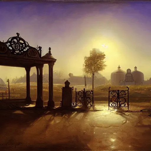 Image similar to painting of artgem artlilery scifi organic shaped gas station with ornate metal work lands on a farm, fossil ornaments, volumetric lights, purple sun, andreas achenbach