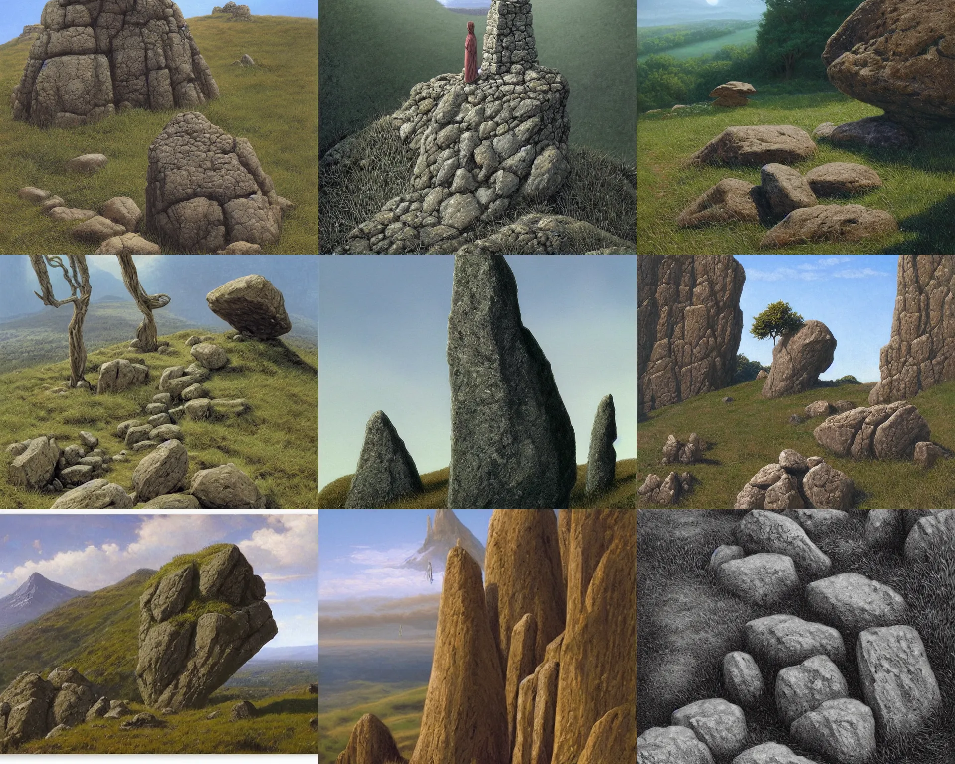 Prompt: tall stones like finger emerging from the ground on the top of a hill, by ted nasmith