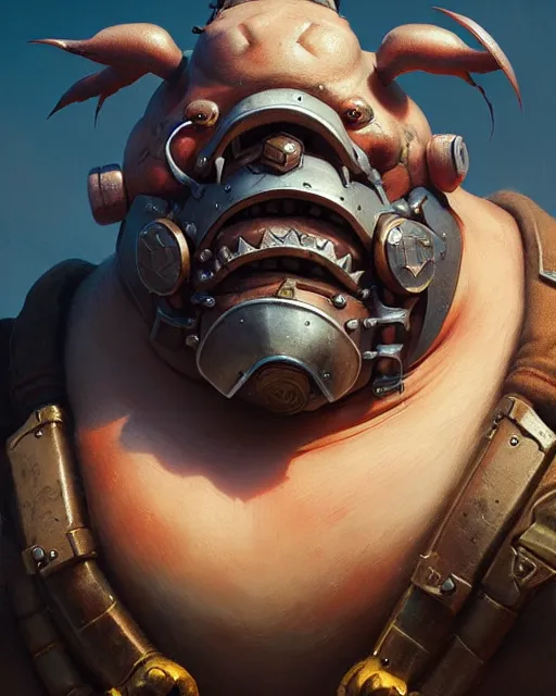 Image similar to roadhog from overwatch, character portrait, portrait, close up, concept art, intricate details, highly detailed by greg rutkowski, michael whelan and gustave dore