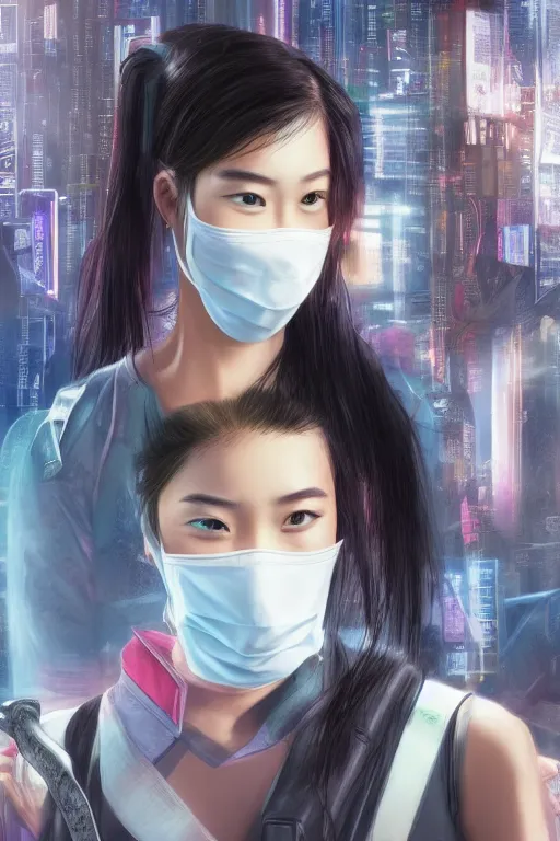 Image similar to Asian cyberpunk young woman wearing a face mask and wielding a sword, photorealistic, hyperdetailed