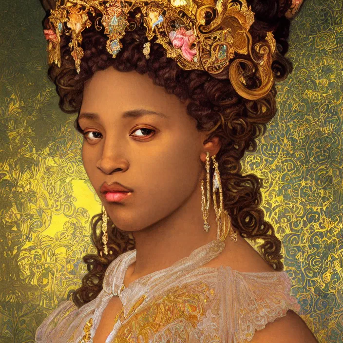 Image similar to highly detailed venetian rococo portrait of a black princess wearing a crown, golden jewels, pastel flowery background, volumetric lighting, realistic, symmetrical, digital illustration, art by alphonse mucha, kehinde wiley, artem demura