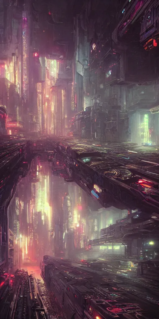 Image similar to an enigmatic and terrifying painting of a cyberpunk universe by marc simonetti, greg rutkowski, ferdinand knab, colour, hyper detail, 8 k, city, universe, nebula, cars, neon, neo - tokyo, burst of colour, imaginary, concept art, out of this world, depth, incredible depth