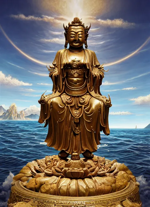 Image similar to guanyin stand on big loutus, a godness of the southern seas, a realistic setting with muted colors, visual novel cover, by yoshitaka amano, zeng fanzhi, jane hamilton, tiffany studios, sunrays shine uponit, frostbite 3 engine, cryengine, dof, trending on artstation, digital art, fantasy detailed background