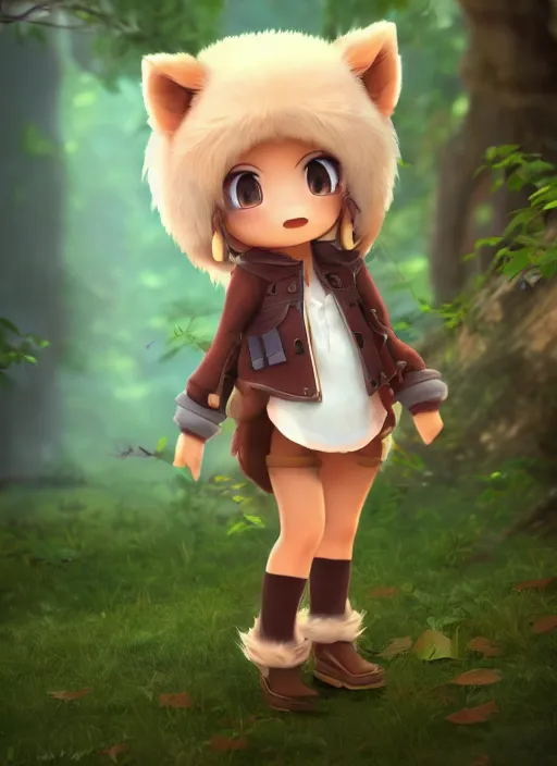 Image similar to female explorer mini cute girl, adoptable, highly detailed, rendered, ray - tracing, cgi animated, 3 d demo reel avatar, style of maple story and aura kingdom, maple story indiana jones, fluffy fox ears, dark skin, cool clothes, soft shade, soft lighting, portrait pose