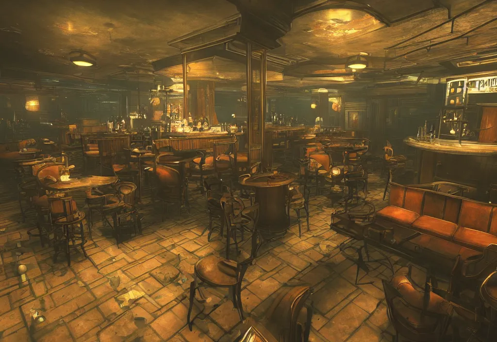 Image similar to In the world of rapture from the world of bioshock you are in a bar, there is a window that lets you see the whole city underwater and you are drinking a rum and coke, there are makes on the tables