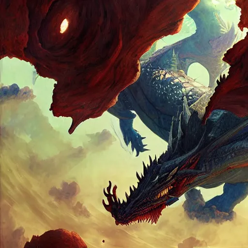 Prompt: Big blue scaled dragon devouring an earth like planet while flying in space, sun system, behemoth, nebula, oil painting, by Fernanda Suarez and Edgar Maxence and Greg Rutkowski