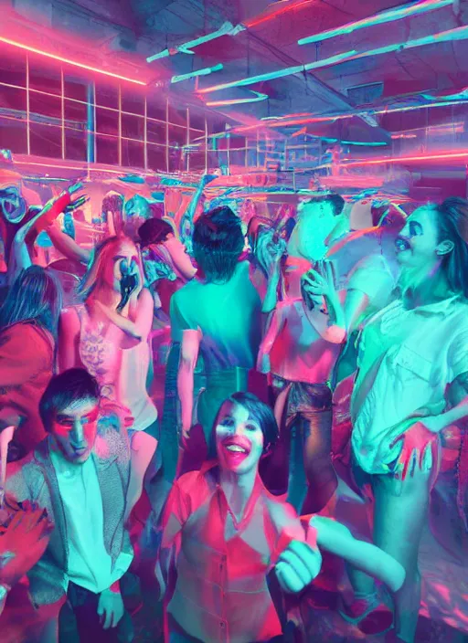 Image similar to Detailed vivid photo of happy, kind, exuberant people riot-partying in virtual urban warehouse, dreamy soft neon lights, 3d octane render, film look, realistic, photo, detailed, patriotic, highly detailed, sharp focus, leica, zeiss, kodak film look, digital illustration, digital painting, concept art, hyper detailed, illustration, fantasy, art by artgerm and greg rutkowski and alphonse mucha, dynamic lighting, art by peter mohrbacher on artstation, night mood, Moebius, Greg Rutkowski, Zabrocki, Karlkka, Jayison Devadas, Phuoc Quan, zenith view, cyberpunk pincushion lens effect