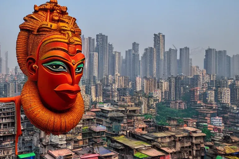 Image similar to high quality 3 d cyberpunk biomorphic hanuman head building in the middle of mumbai!!, beautiful kalighat highly detailed, cinematic smooth, stephen shore & john j. park, soft morning light, wide shot, high angle, uhd 8 k, deep focus