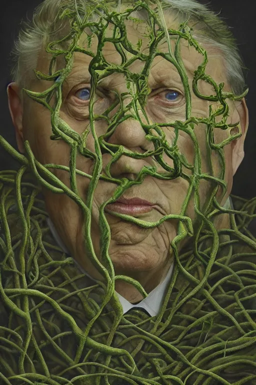 Prompt: intricate stunning highly detailed portrait of sir david attenborough, 🌱, by agostino arrivabene and vladimir kush, surreal, digital painting, ultra realistic, dramatic lighting, twisted vines, lush plants, pristine water, artstation