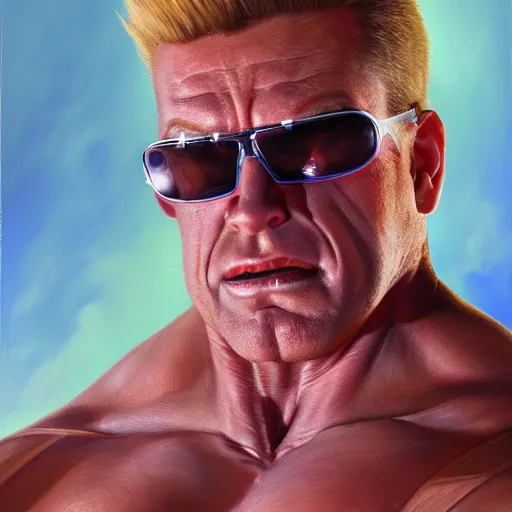 Image similar to ultra realistic portrait painting of duke nukem, stanley artgerm, 4 k, ultra realistic, highly detailed, epic lighting