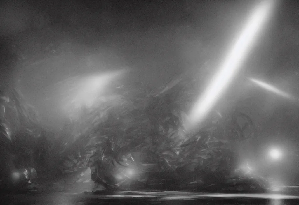 Prompt: light coming out of pulgasari the kaiju starfish monster, korean film noir, fog, 4 k, video compression, video glitch, monochrome, orson welles