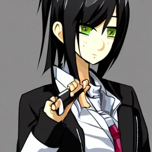 Image similar to mukuro ikusaba from danganronpa holding a gun, clean lines