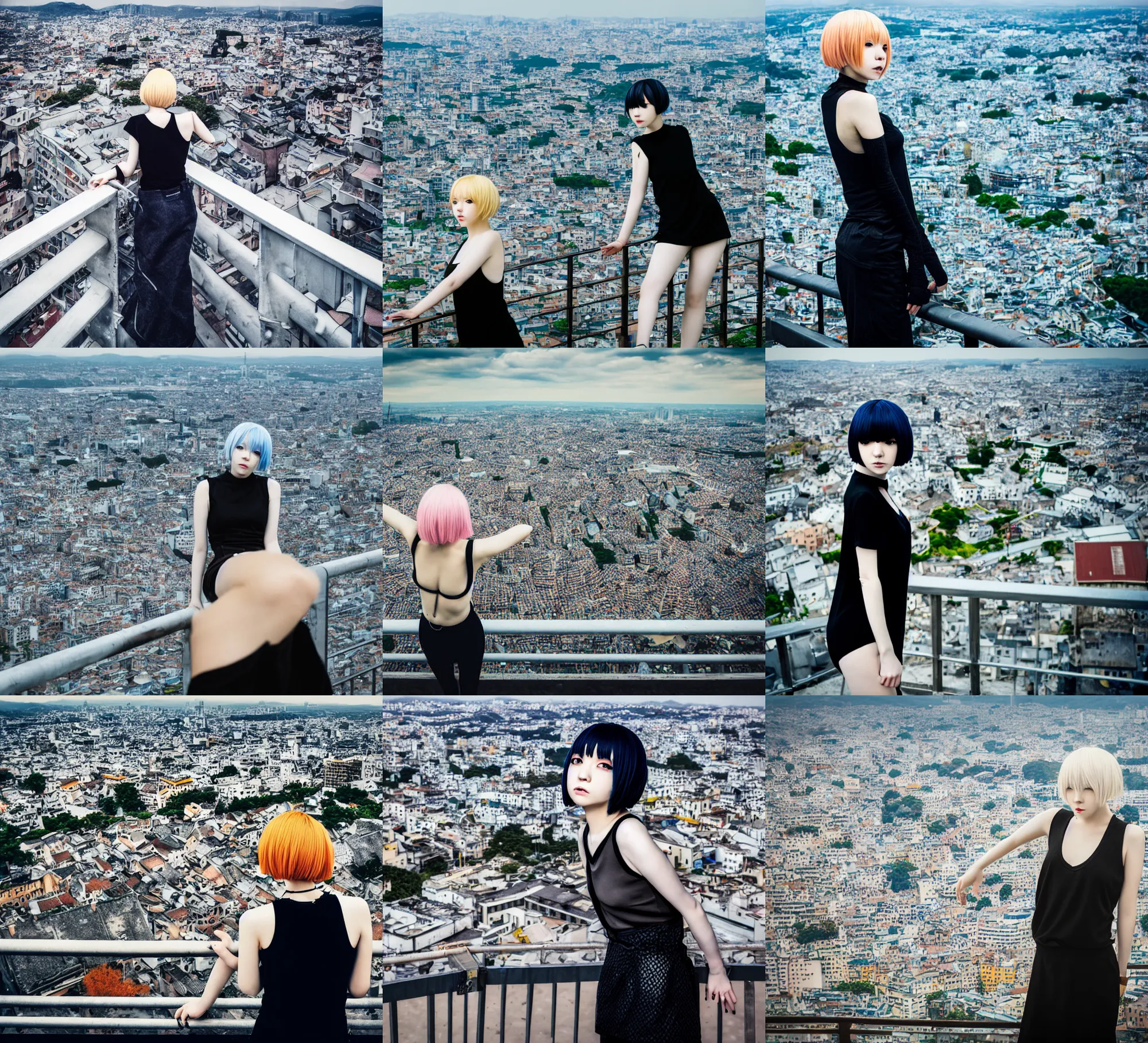 Prompt: full body portrait photo of women like reol from a distance wearing casual clothes looking down at the city from above, guardrail, realistic, dynamic perspective pose, skin tinted a warm tone, hdr, rounded eyes, detailed facial features, blue black gold, epic fantasy movie, gustav klimt