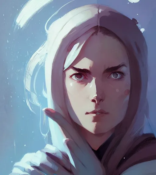 Image similar to portrait of a female mage, by atey ghailan, by greg rutkowski, by greg tocchini, by james gilleard, by joe fenton, by kaethe butcher, dynamic lighting, gradient light blue, brown, blonde cream and white color scheme, grunge aesthetic