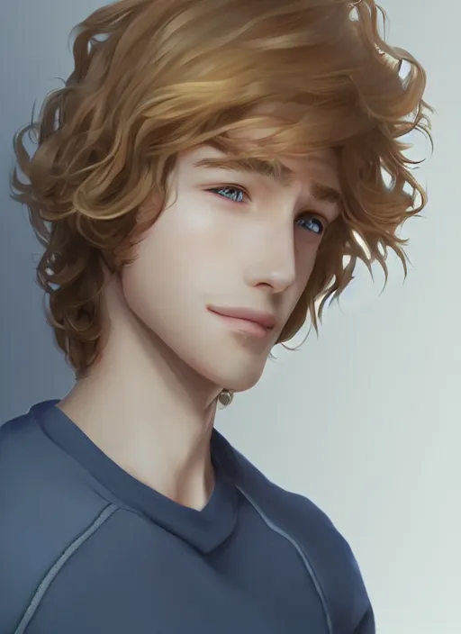 Image similar to young man with medium - length, curly, golden hair, perfectly proportioned face, aquamarine eyes, sweet smile, natural lighting, path traced, highly detailed, high quality, cartoon, digital painting, by new haicheng and studio ghibli