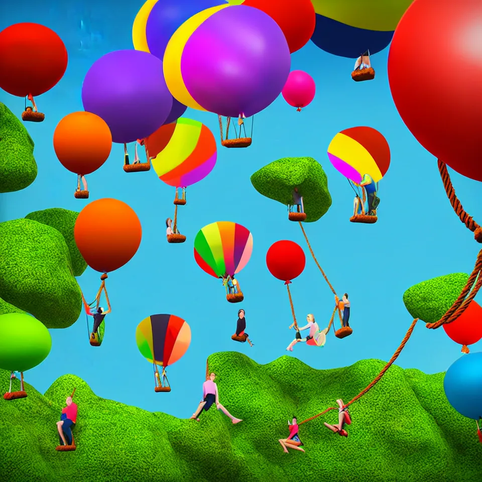 Image similar to large colorful balloons with people on rope swings underneath, flying high over the landscape, realistic, detailed, digital art, unreal engine