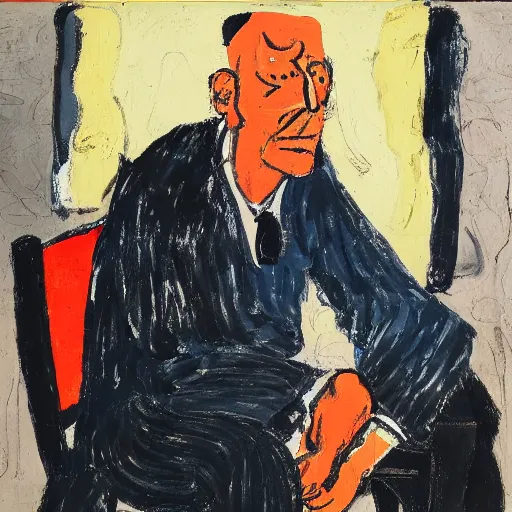 Image similar to painting of a man sitting on a chair and staring at you, by georg baselitz