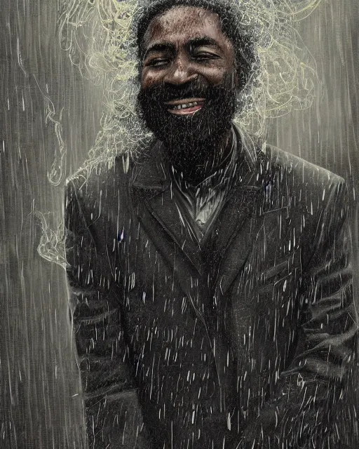 Prompt: a highly detailed portrait of black man smiling in the rain in a back tuxedo, wispy tendrils of smoke, intricate, digital painting, old english, raining, sepia, particles floating, whimsical background by marc simonetti, artwork by liam wong