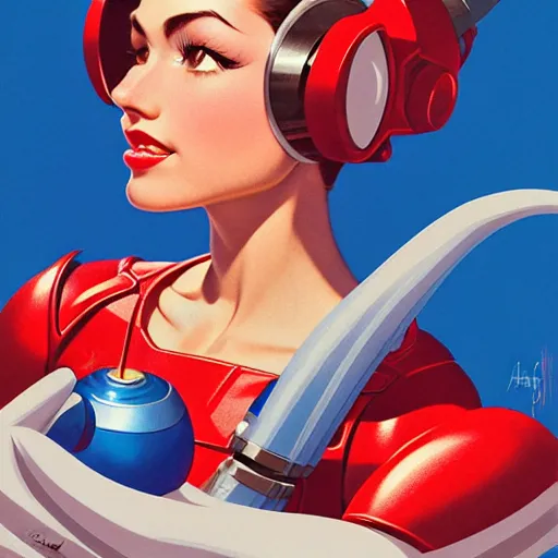 Image similar to head and shoulders portrait of a female Megaman, illustration, medium shot, intricate, elegant, highly detailed, digital art, ffffound, art by gil elvgren and sachin teng