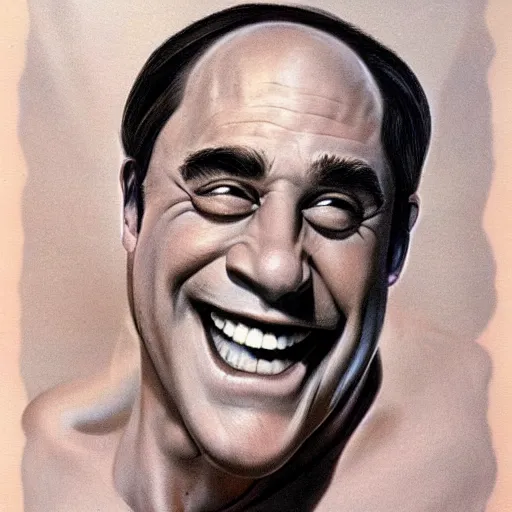 Image similar to portrait of the face of danny devito smiling sly intricate detailed by boris vallejo